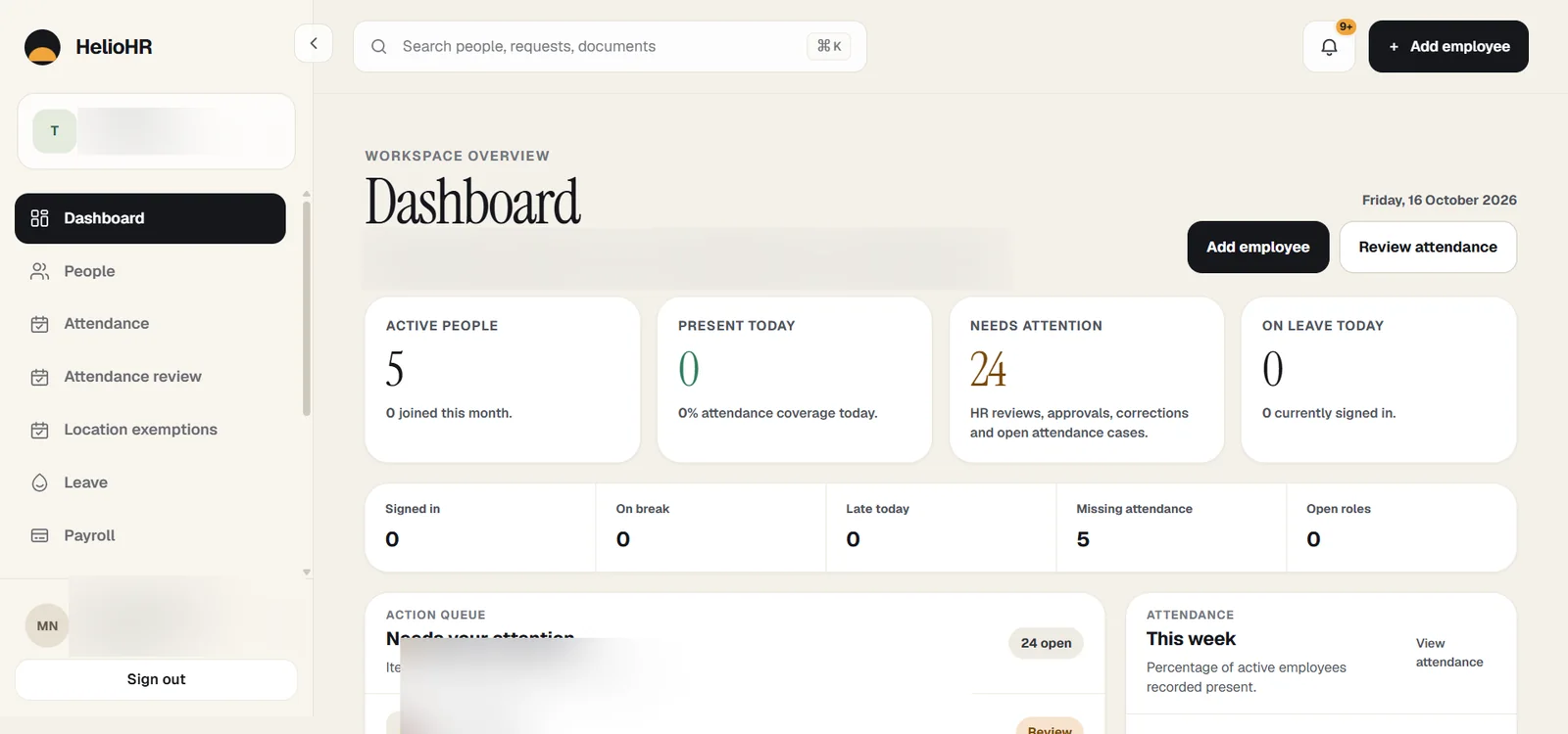 HelioHR HR dashboard showing workforce overview and attendance summary