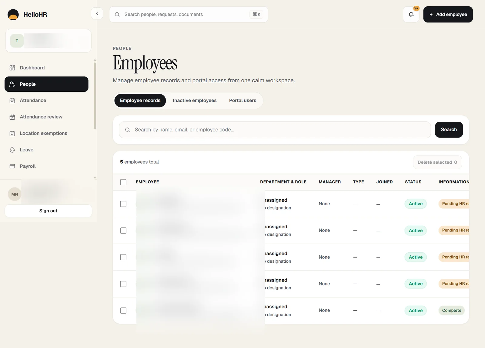 HelioHR employee directory and people management workspace