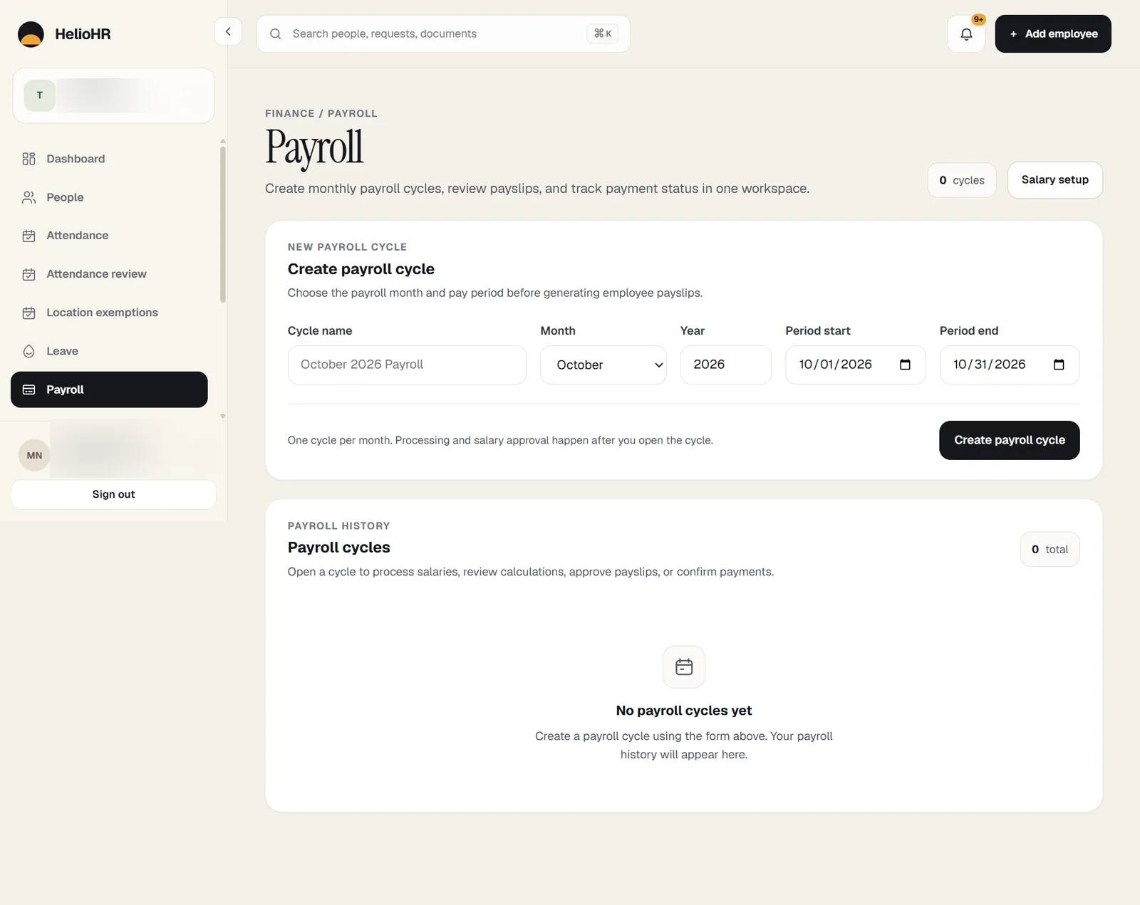 HelioHR payroll cycles and salary setup workspace