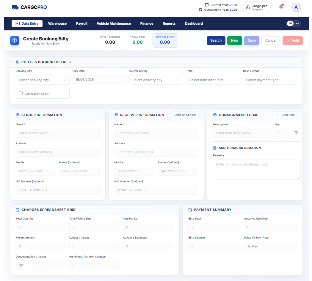CargoPro's cargo booking and bilty creation form