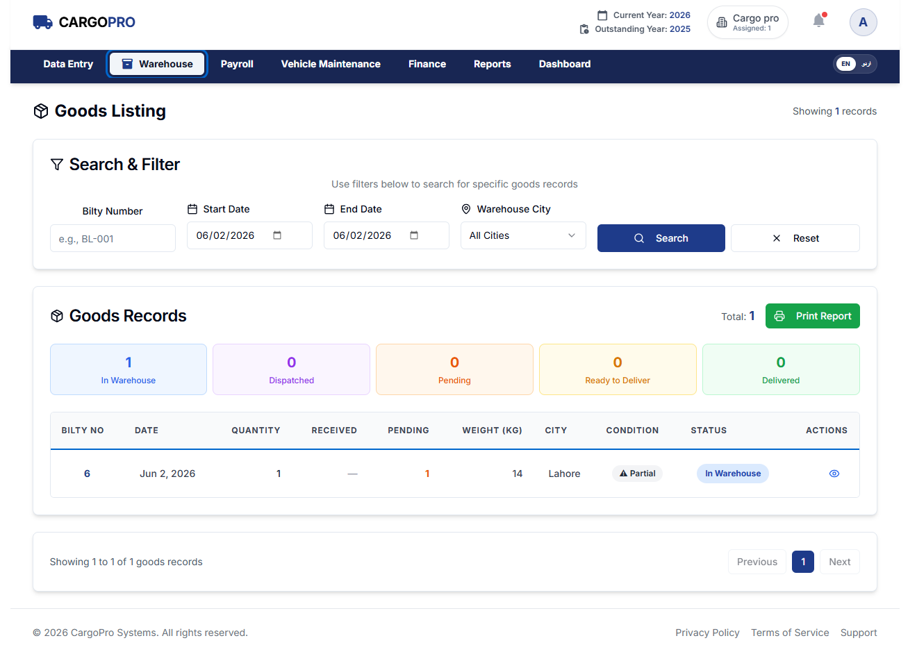 CargoPro warehouse management and goods tracking screen