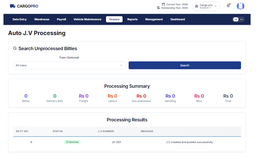 CargoPro automated journal voucher processing and summary
